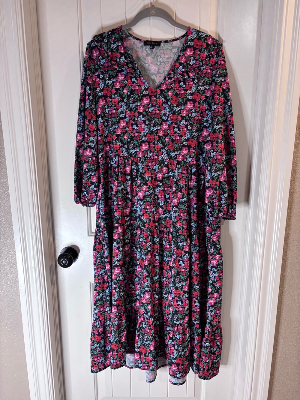 V-Neck Floral Midi Dress in Pink and Blue on Black